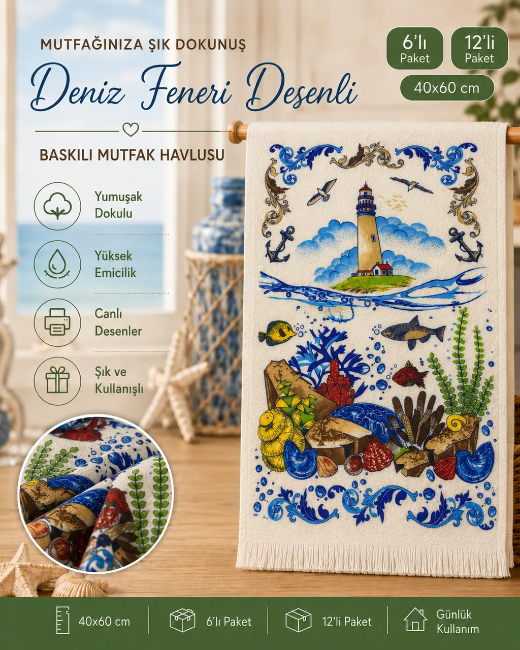 Deniz temalı baskılı mutfak havlusu modelleri