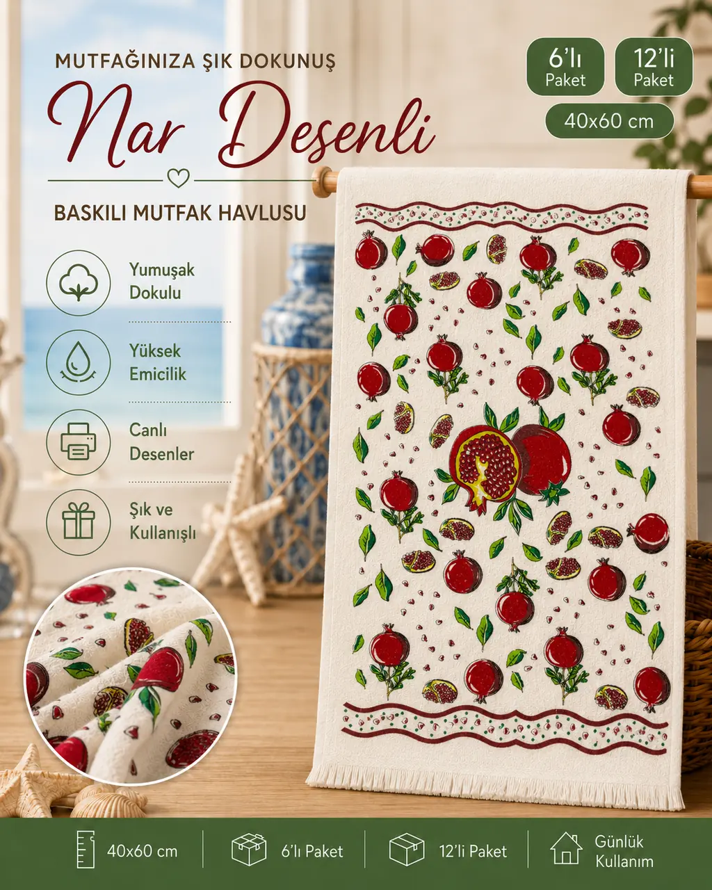 Deniz desenli baskılı mutfak havlusu 40x60 paket seçenekleri