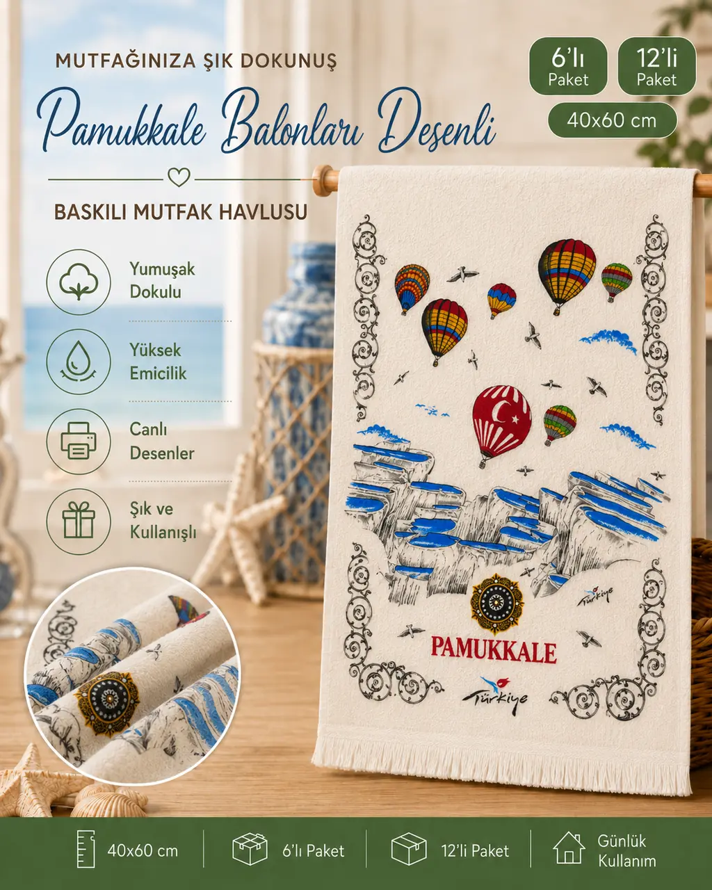 Beyse Ev Tekstil mutfak temalı baskılı mutfak havluları