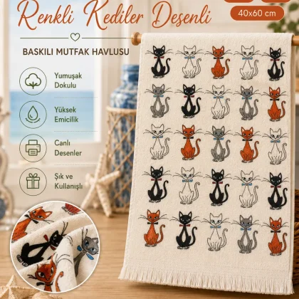 Renkli Kediler Desenli 40x60 Baskılı Mutfak Havlusu