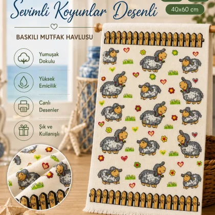 Sevimli Koyunlar Desenli 40x60 Baskılı Mutfak Havlusu