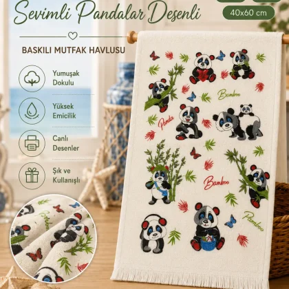 Sevimli Pandalar Desenli 40x60 Baskılı Mutfak Havlusu