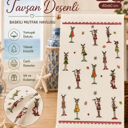 Tavşan Desenli 40x60 Baskılı Mutfak Havlusu