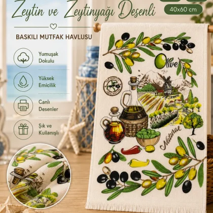 Zeytin ve Zeytinyağı Desenli 40x60 Baskılı Mutfak Havlusu