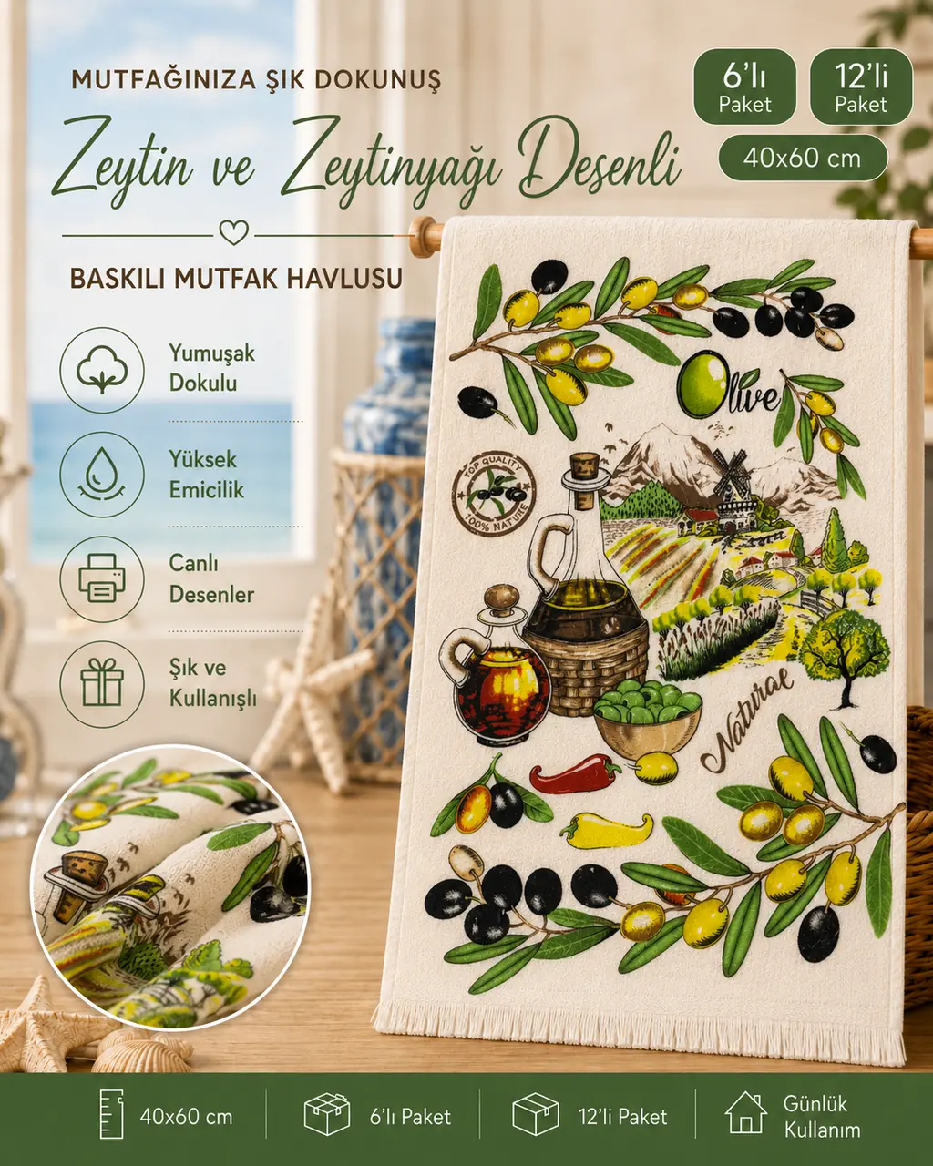 Nar desenli baskılı mutfak havlusu 40x60 6'lı ve 12'li paket